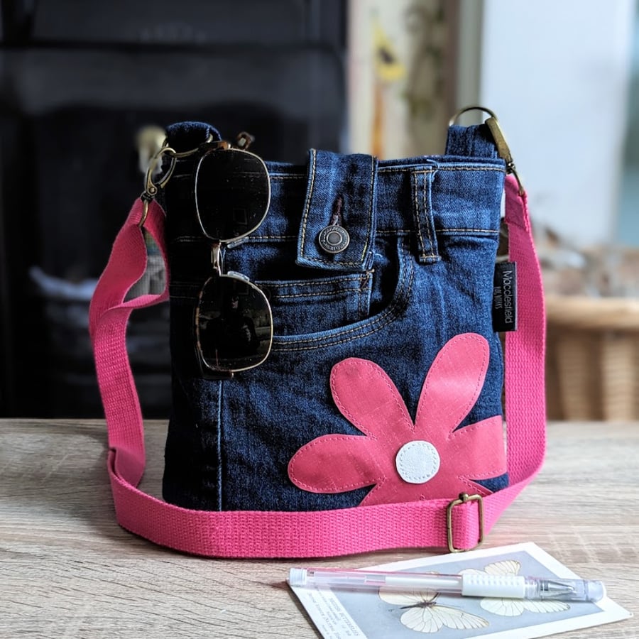 Recycled Indigo Denim Jeans Cross Body Bag with Daisy Motif 