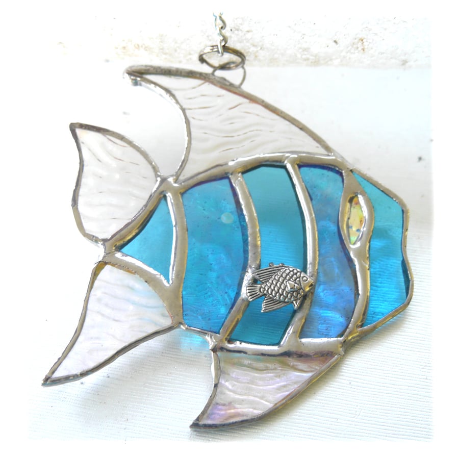 Tropical Fish Suncatcher Stained Glass Handmade Turquoise 030
