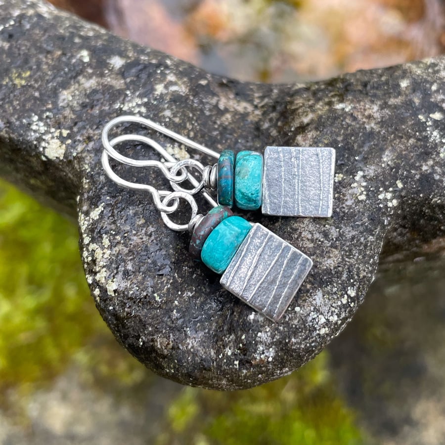 Silver and turquoise shattukite small earrings