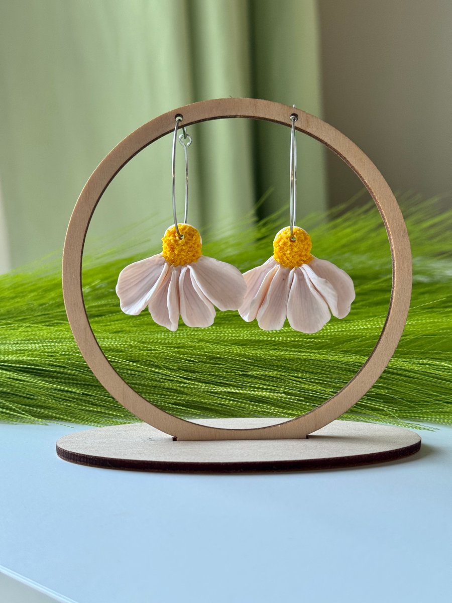 Polymer Clay Daisy Hoop Earrings