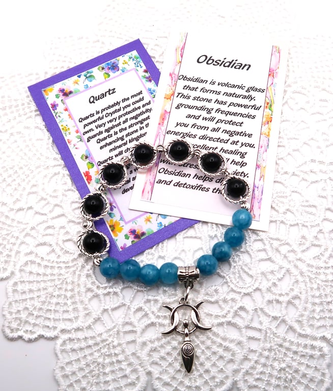 Obsidian and Quartz Semi-Precious Gemstone Bracelet with Goddess and Triple Moon