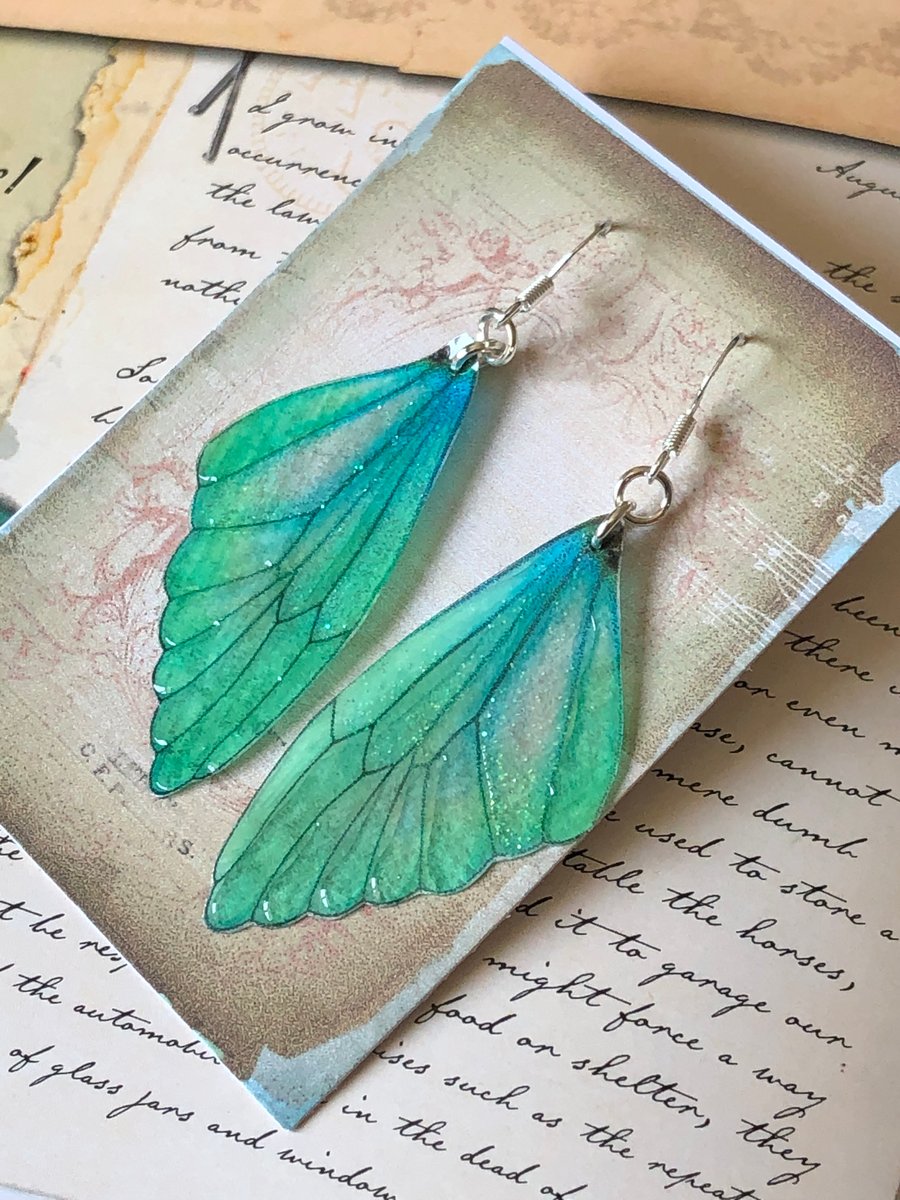 Green and Blue Fairy Wing Sterling Silver Earrings