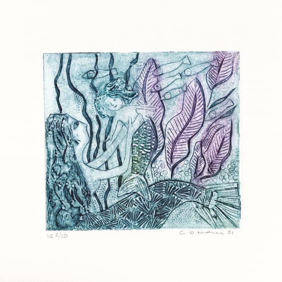 The Water Babe - Collagraph Print - Nursery Decoration