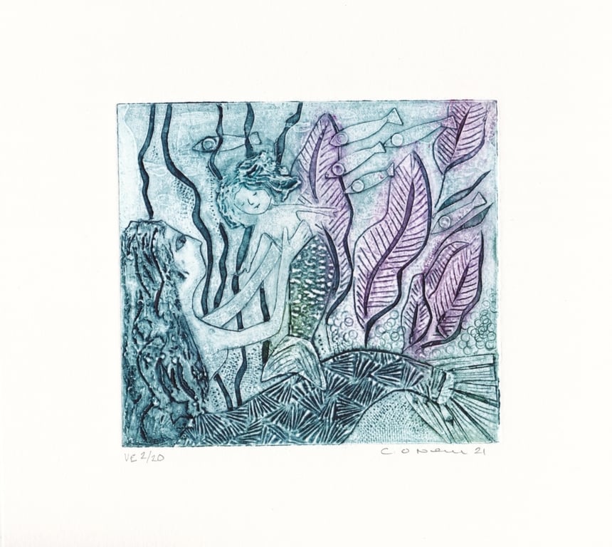 The Water Babe - Collagraph Print - Nursery Decoratioi