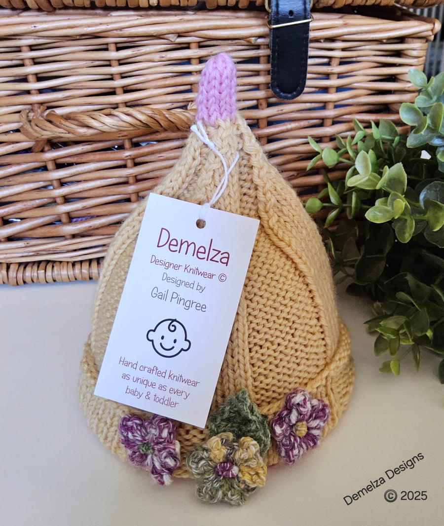 Designer Baby Hand Knitted Hat Pure 'Jeager' Marino Wool 0 - 3 months size 