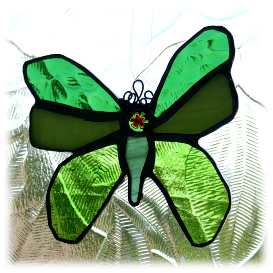 SOLD Butterfly Suncatcher Green Stained Glass Handmade  (11cm)