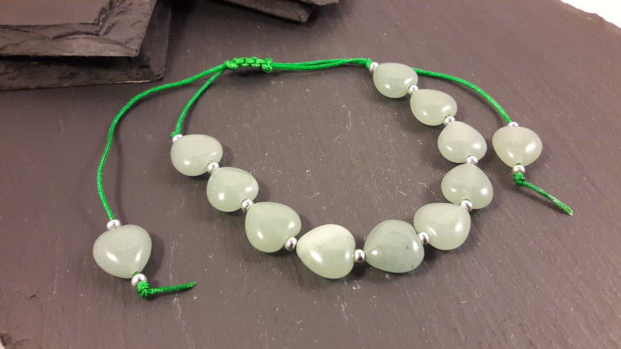 Green Aventurine Heart on Green Cord Adjustable Bracelet