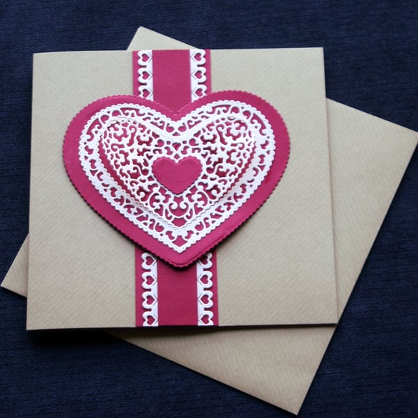 Red Lacy Heart - Handcrafted Valentines or Anniversary Card - dr16-0021