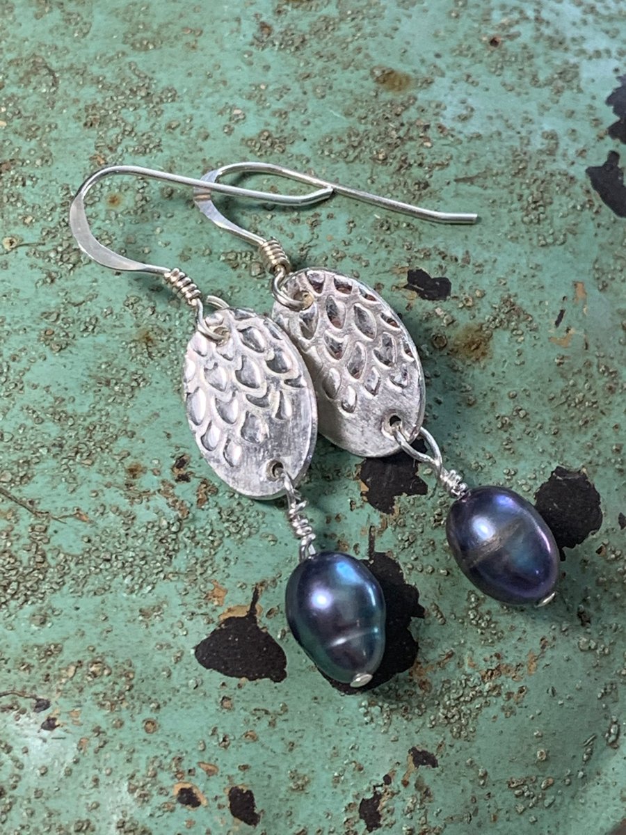 Handmade oval fine silver and pearl earrings 