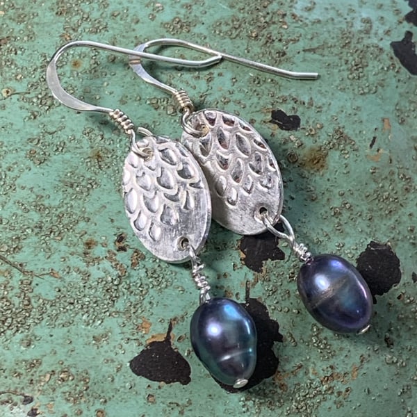 Handmade oval fine silver and pearl earrings 
