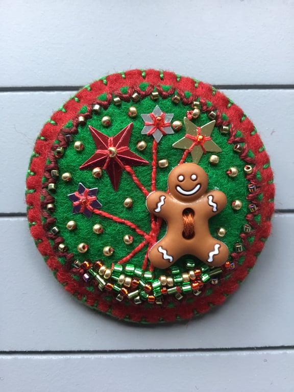 Hand Embroidered Gingerbread Brooch