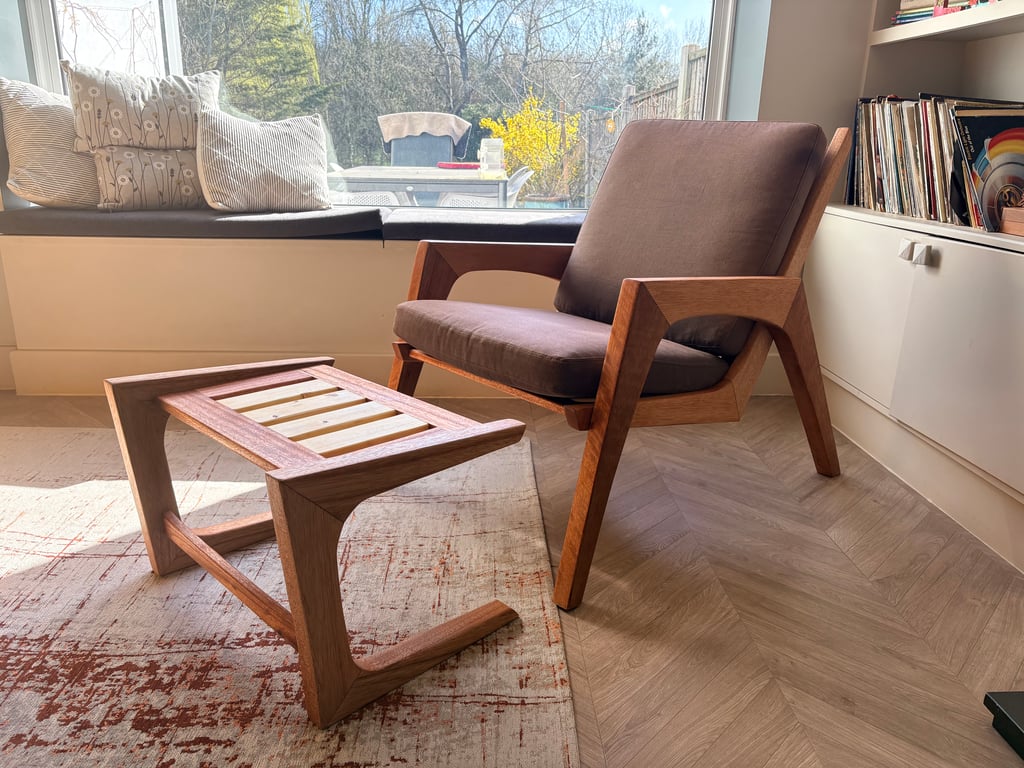 Handmade Solid Meranti Lounge Chair & Footstool Ottoman – Crafted in London