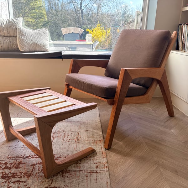 Handmade Solid Meranti Lounge Chair & Footstool Ottoman – Crafted in London