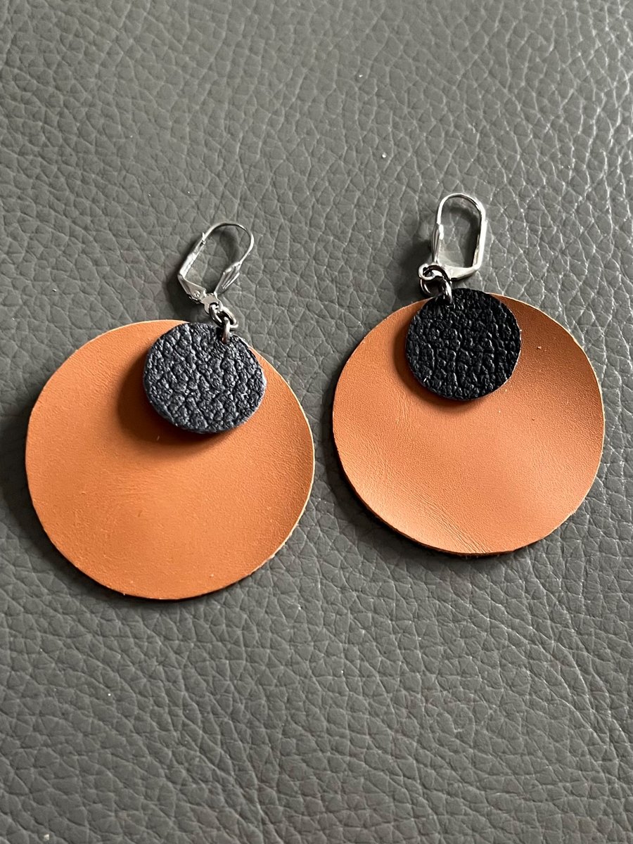 Brown and Black Leather Circle Earrings - Hand Cut Lightweight Statement Jewelle