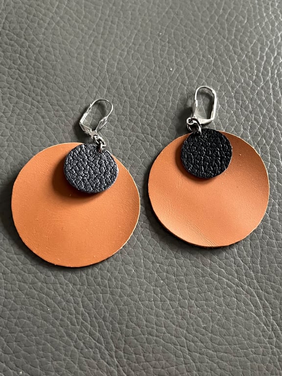 Brown and Black Leather Circle Earrings - Hand Cut Lightweight Statement Jewelle
