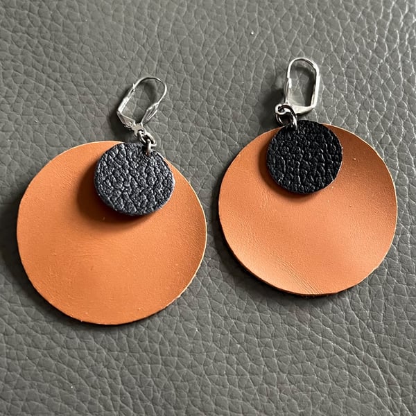 Brown and Black Leather Circle Earrings - Hand Cut Lightweight Statement Jewelle