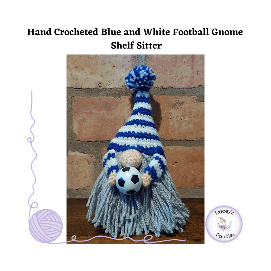 Hand crochet blue and white football gnome collectable