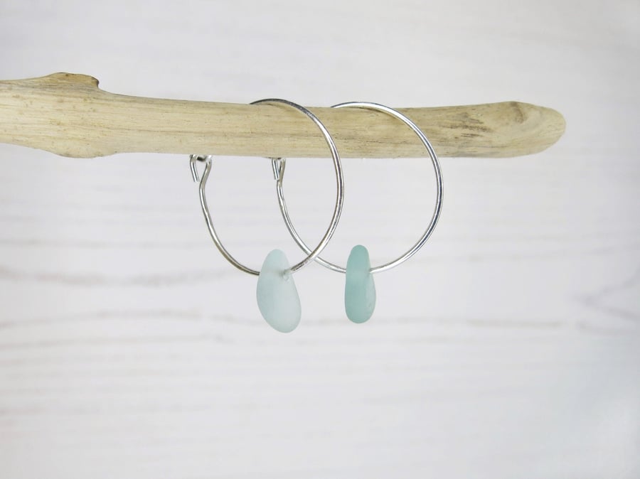 Cornish Sea Glass on 18mm Hoop Earrings - Sea Foam