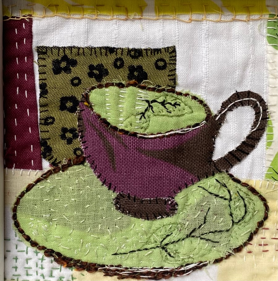 Time for tea, hand embroidered fabric collage