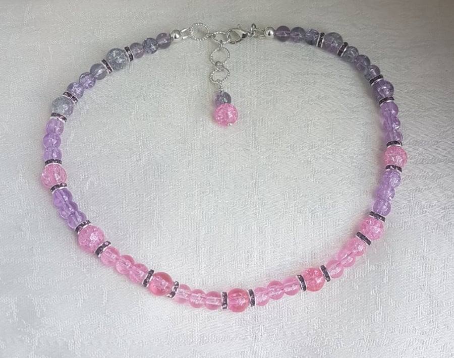 SALE - Gorgeous Lilac and Pink Glass Bead Choker Necklace.