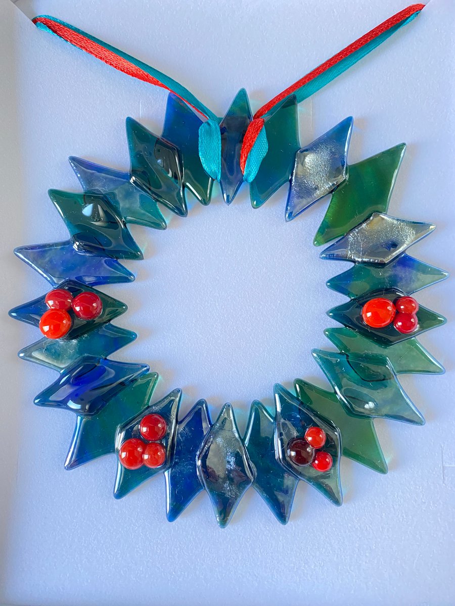 Blue spruce glass Christmas wreath - fused glass 