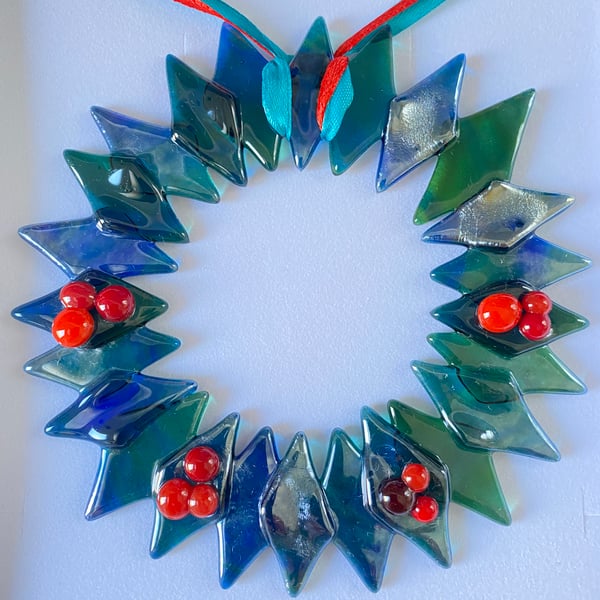 Blue spruce glass Christmas wreath - fused glass 