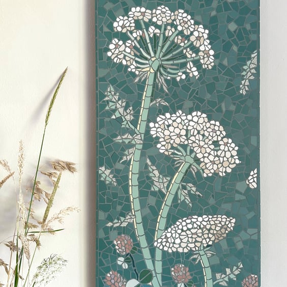 Original Botanical Art - Large Mosaic Wall Plaque - Wild Carrots on Green 
