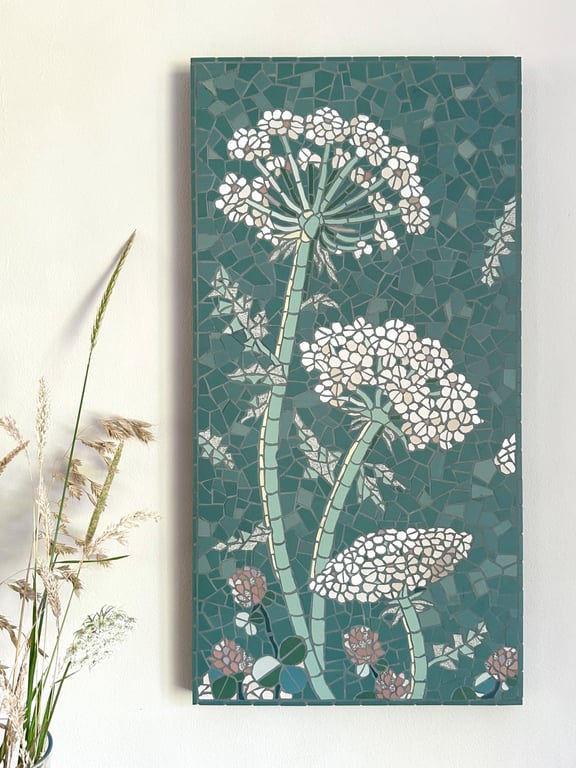 Original Botanical Art - Large Mosaic Wall Plaque - Wild Carrots on Green 