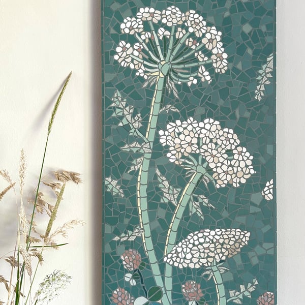 Original Botanical Art - Large Mosaic Wall Plaque - Wild Carrots on Green 