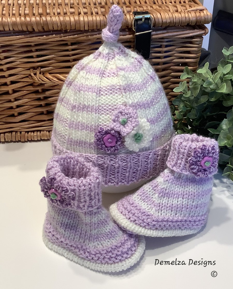Baby Girl's Pixie Floral Beanie Hat & Booties Gift Set  0-6 months size
