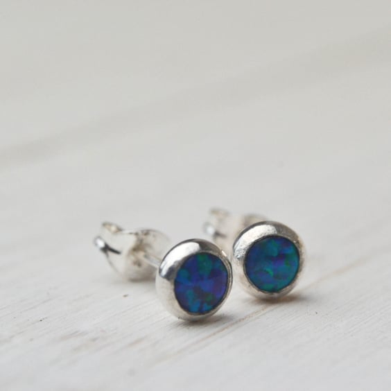 Dark blue green opal stud earrings