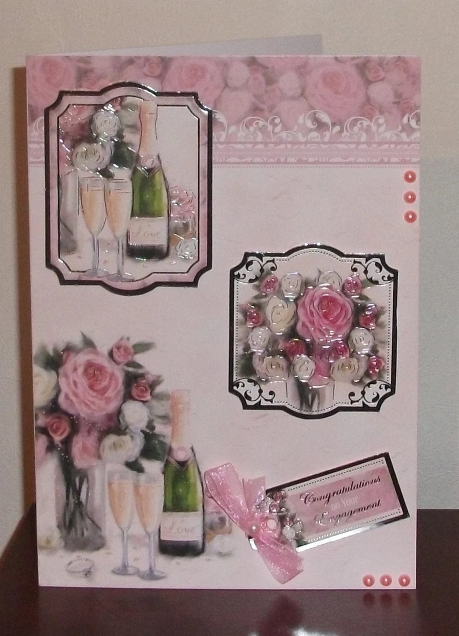 Engagement Celebration A5 card with Champagne and roses.