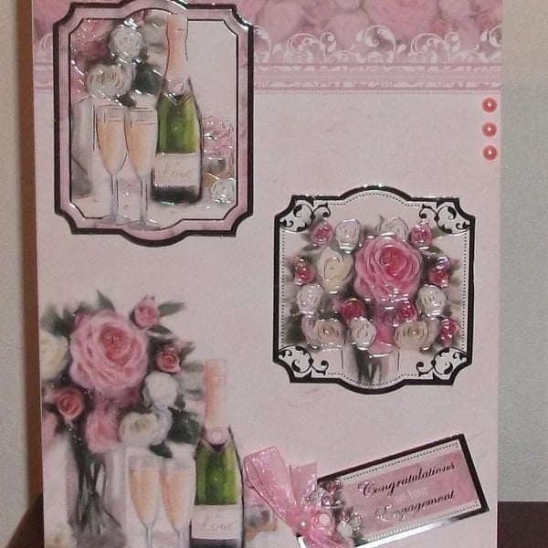 Engagement Celebration A5 card with Champagne and roses.