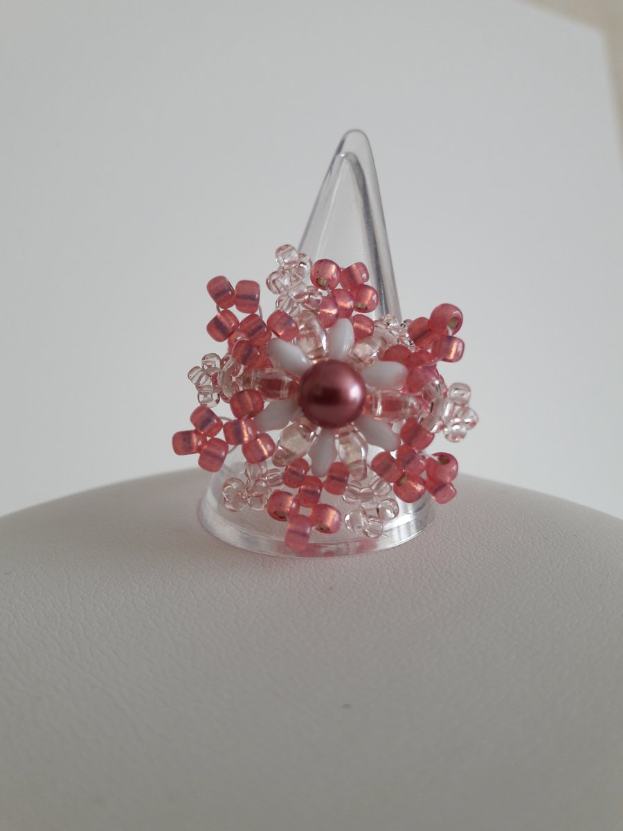 Blush Pink Lace Ring. Hand Sown, Hand Beaded, Ring Size UK M N