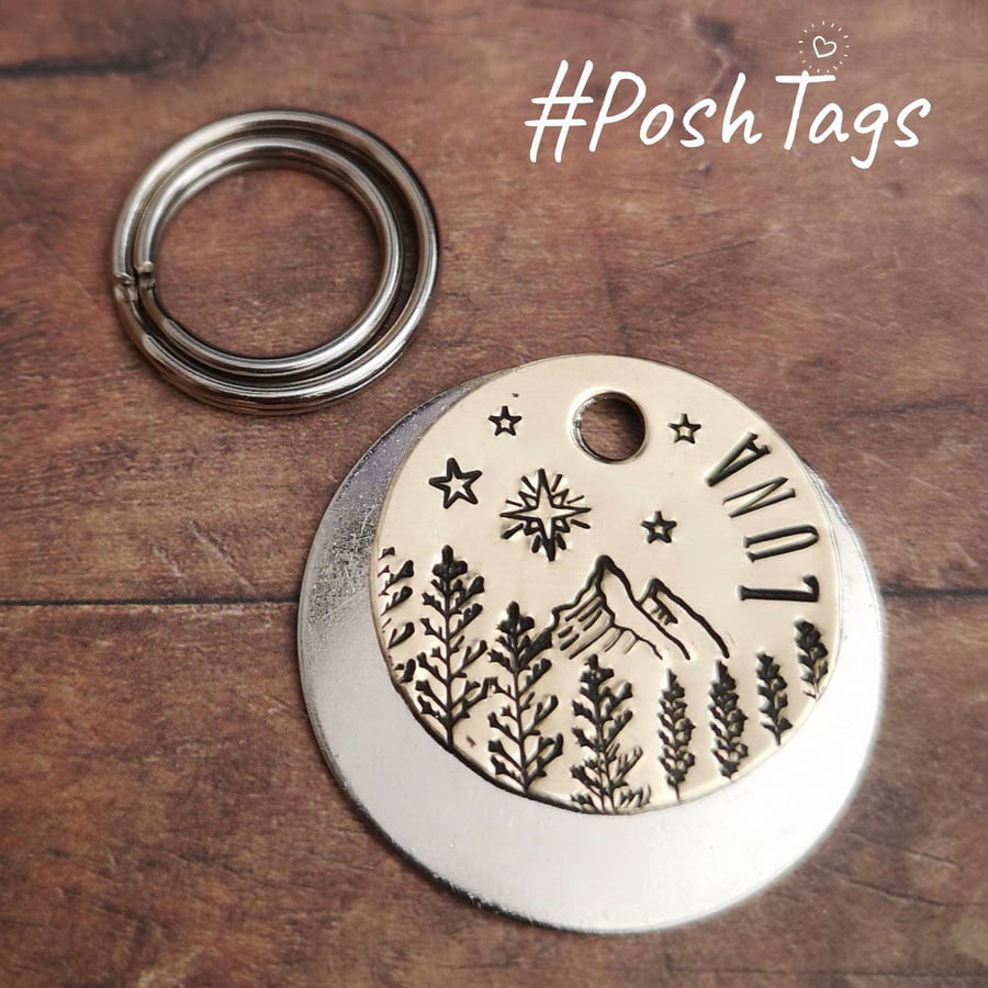 Moon, mountains & trees - landscape dog tag night star sky stars - LUNA - hand s