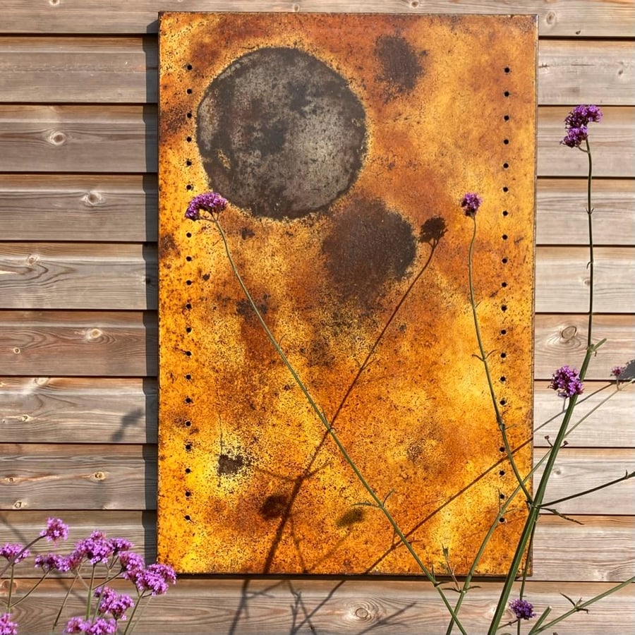 Rustic abstract upcycled metal panel Art for Garden