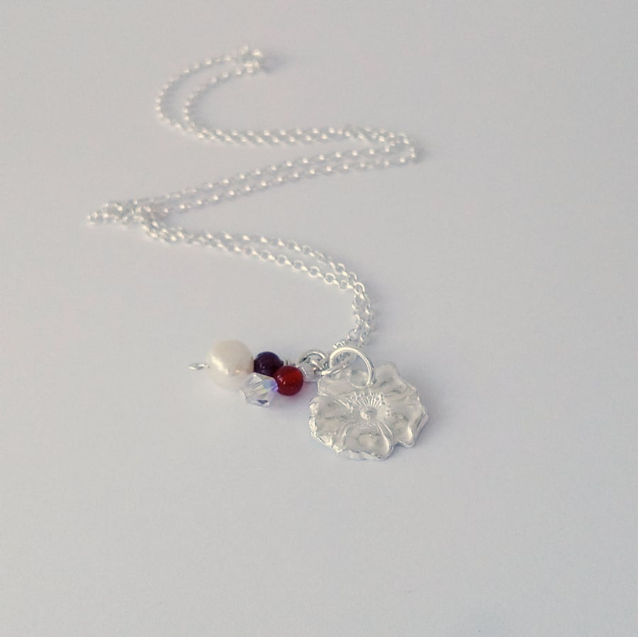 Eco Silver Rose Handmade Pendant, Garnet, Crystal and Carnelian Beads, 