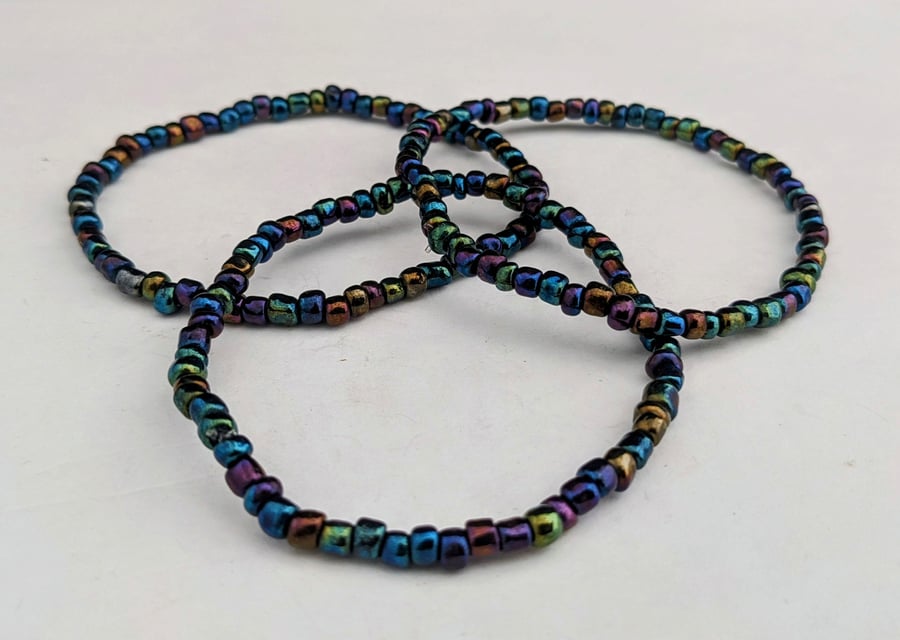 Three iris lustre seed bead stretchy bracelets - 2001454