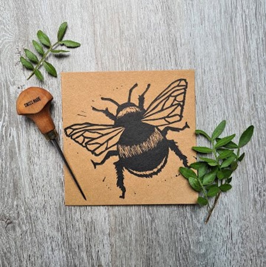 Handprinted Bee Lino Print Greetings Card