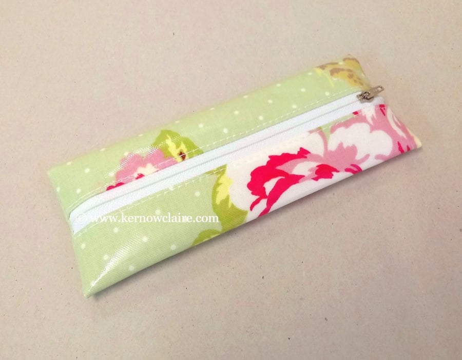 SALE - Pencil case in pale green with pink flowers, Free UK postage