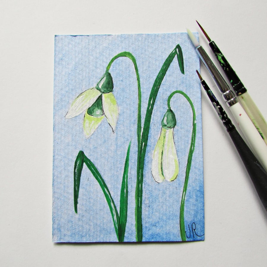 Original ACEO, Snowdrop, Acrylic Painting, Small Art, Art Trading Card, 