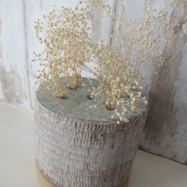 Hand-built stoneware pottery oval mini flower brick in matt white