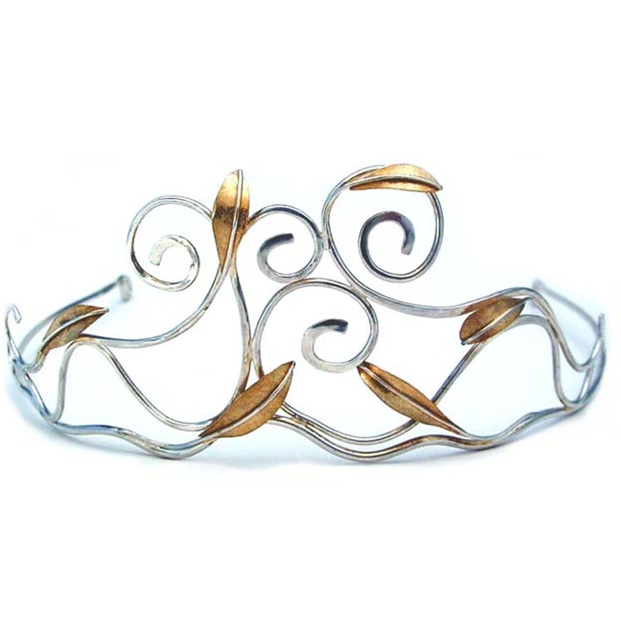 Sterling Silver Handmade Scroll  Tiara with Gold plated leaves