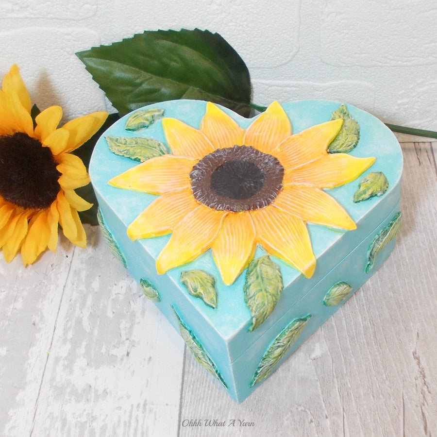 Sunflower heart mixed media trinket box. Jewellery box. Memory box.