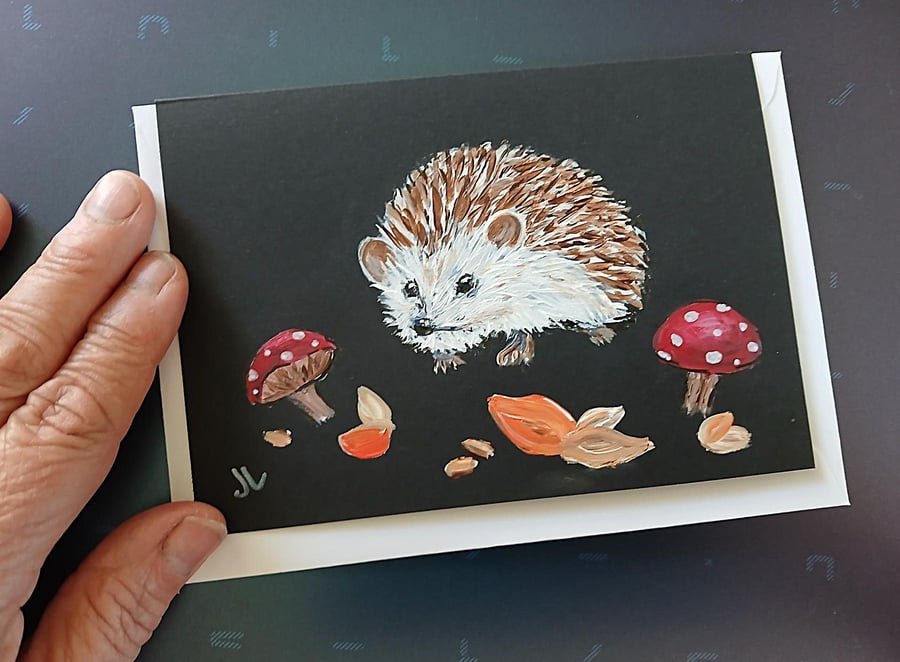 Hand Painted Hedgehog Card Original Wildlife Art, Acrylic on Card