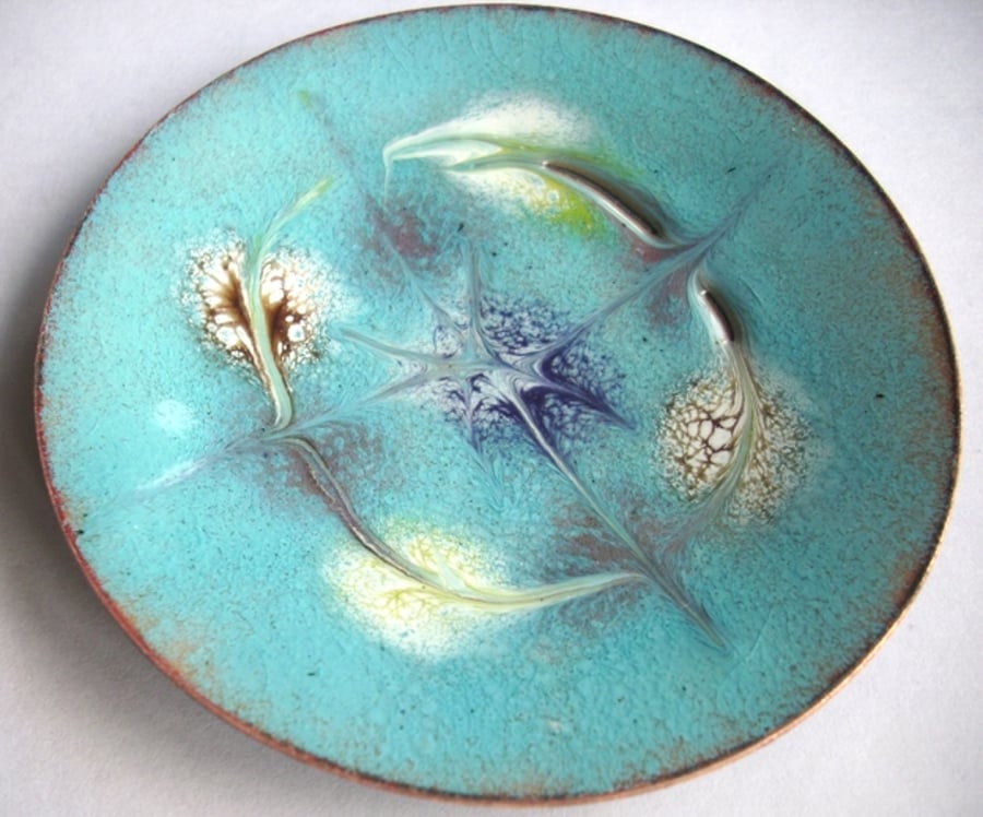 Enamel dish - brown, orchid, white, gold, blue on turquoise over clear enamel