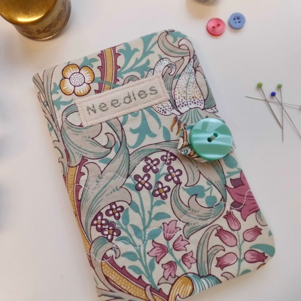 Sewing needle case in Golden Lily fabric pink and green