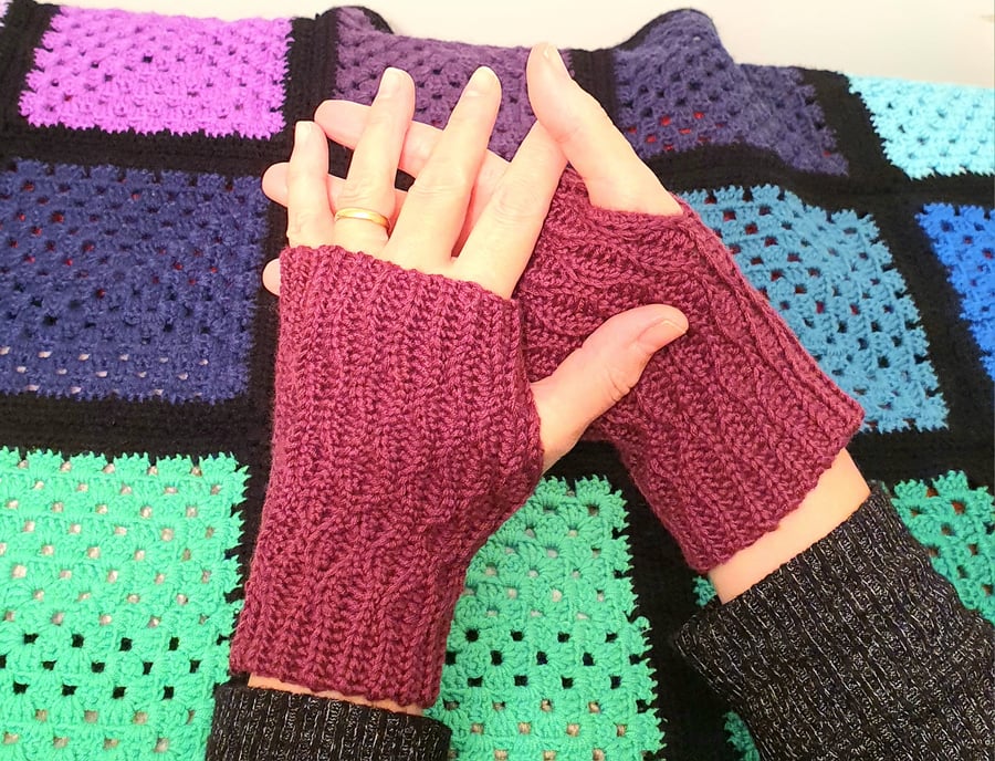 Purple crocheted fingerless gloves. FREE delivery.