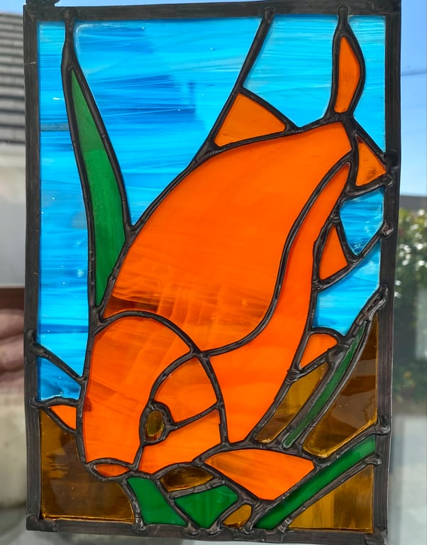 Glass window panel, stained glass fish, hanging panel, underwater scene