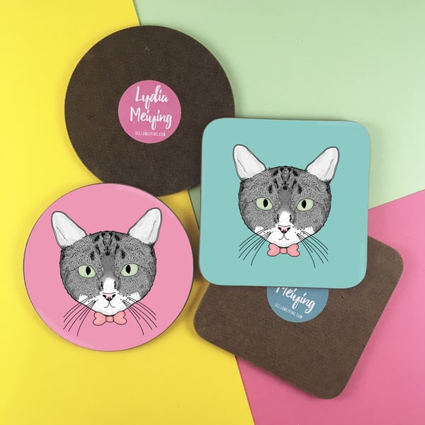 Round or Square Coaster, Cat Design, Choice of Pink or Turquoise Background.